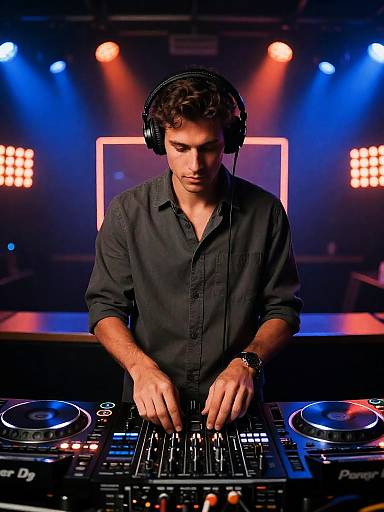 Focused DJ Behind Neon Booth