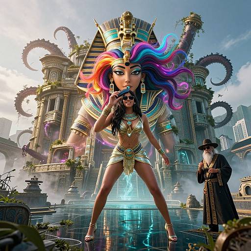 Digital fantasy artwork: Vibrant, multi-colored-haired Egyptian goddess with gold armor, large headdress, and intricate jewelry, stands confidently in front of an