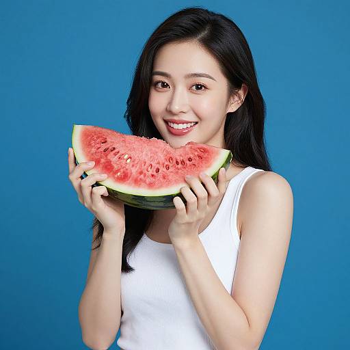 Photograph of a smiling Asian woman with long black hair, wearing a white tank top, holding a large slice of watermelon against a blue background.