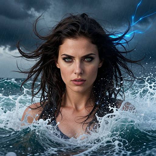 Photograph of a fierce, dark-haired woman with piercing green eyes emerging from turbulent ocean waves under a stormy, cloud-filled sky.