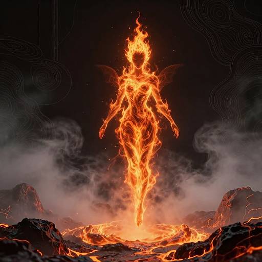 Digital artwork of a fiery, winged humanoid figure emerging from a glowing, molten lava pool, surrounded by dark, smoky rocks.