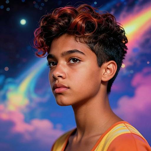 Photorealistic digital portrait of a young, dark-skinned boy with curly brown hair, wearing an orange shirt, against a vibrant cosmic background with colorful