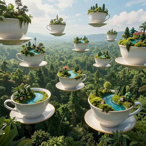 Photorealistic CGI: Floating white teacups with miniatures of lush gardens, tiny blue ponds, and colorful flowers, suspended above a dense,