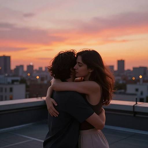 Sunset Rooftop Embrace Between Strangers