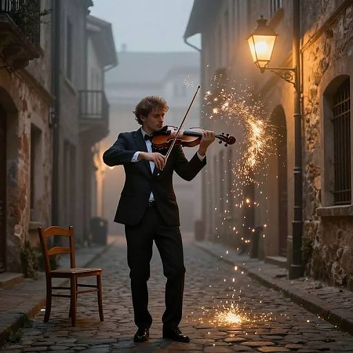 Photograph of a curly-haired man in a black suit, playing violin on a cobblestone street, with sparks flying, under an illuminated lampp