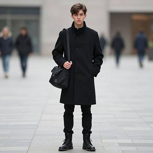 Photograph of a young man with short brown hair, wearing a black coat, black pants, and boots, carrying a black bag, standing in a