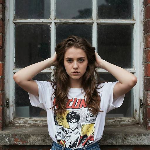 Photograph of a young woman with long brown hair, wearing a white 