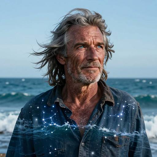 Photograph of an older man with grey hair and beard, wearing a dark denim shirt, standing by the ocean with starry waves overlayed on his