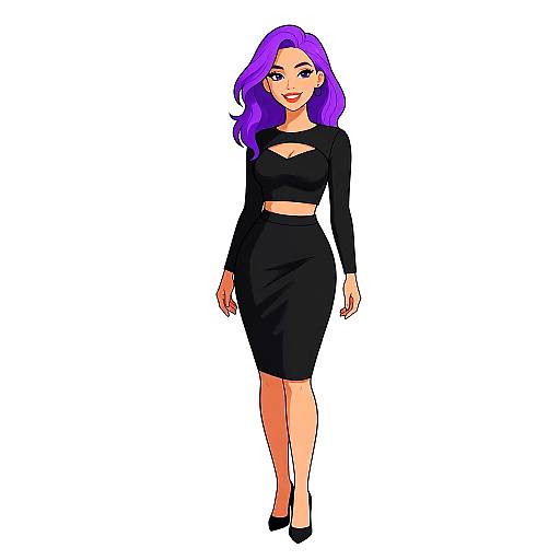 Digital illustration of a confident woman with vibrant purple hair, wearing a black long-sleeve crop top and high-waisted skirt, black heels,