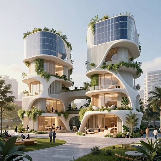 Photorealistic CGI of futuristic, white, curved skyscrapers with glass balconies and greenery, surrounded by a modern urban plaza. People are