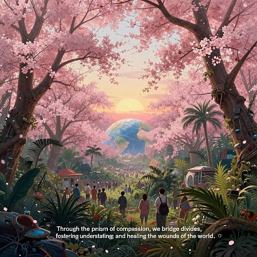 Digital artwork of a lush, pink cherry blossom forest with diverse people, Earth visible in the background, caption reads: 