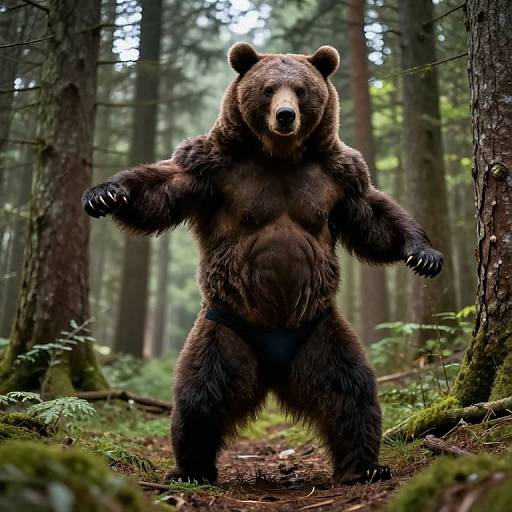Photograph of a standing, muscular brown bear in a forest, arms raised, with dense trees and moss-covered ground in the background.