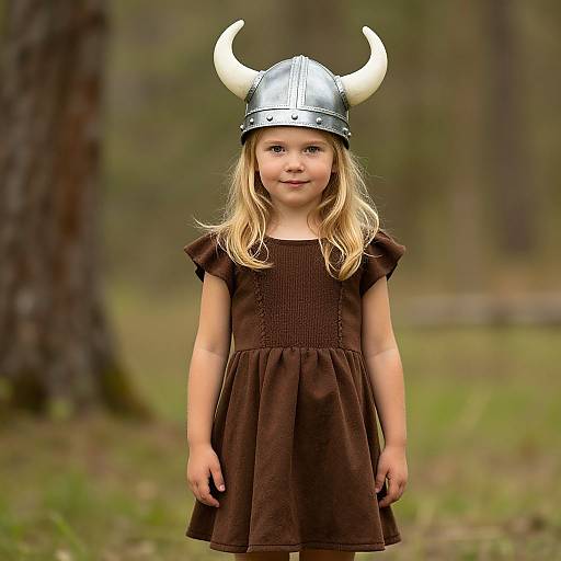 Photograph of a blonde girl with light skin, wearing a brown dress and silver Viking helmet with white horns, standing in a forest. Blurred trees
