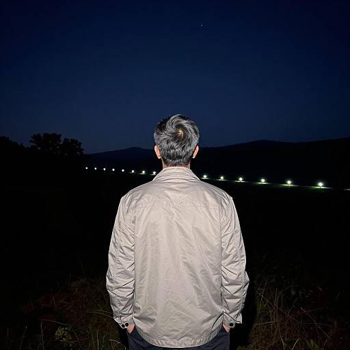 Man in Light Jacket Facing Night Landscape