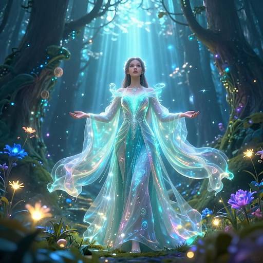 Enchanted forest scene: ethereal woman with glowing blue-green dress, translucent wings, standing amidst luminescent flowers and fairy lights, surrounded by