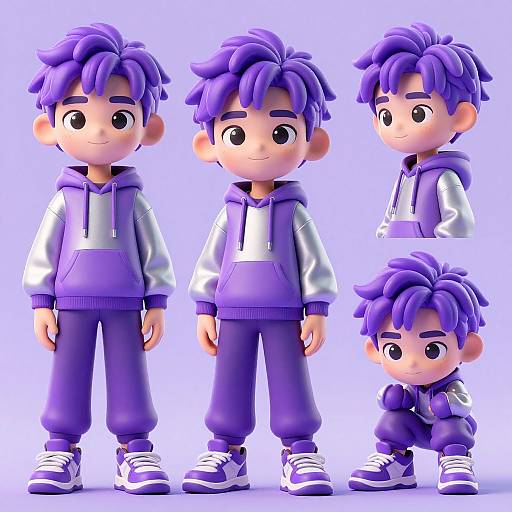 CGI cartoon of a cute, purple-haired boy in a purple hoodie and pants, shown standing and crouching in different poses.