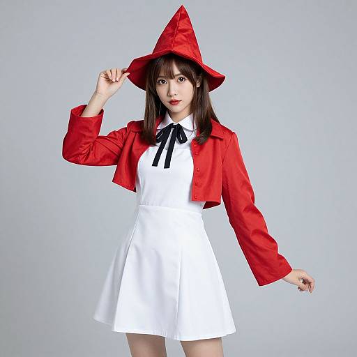 Photograph of an Asian woman in a red witch hat, red cropped jacket, white dress with black ribbon, and white background.