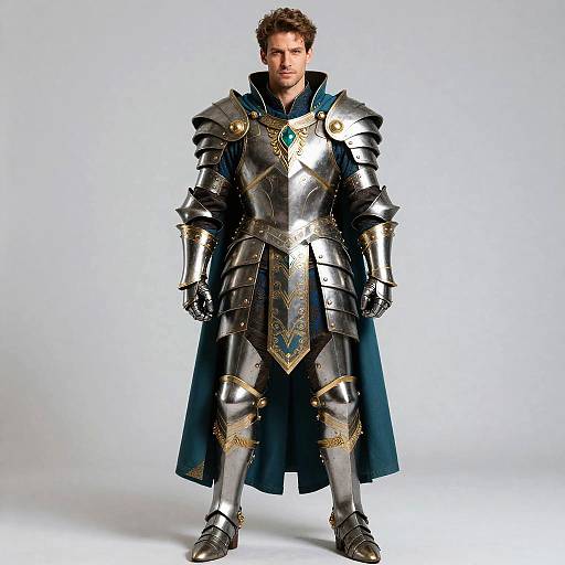 Photograph of a muscular man in detailed, silver medieval armor with gold accents, blue inner lining, and a long cape, standing against a plain white