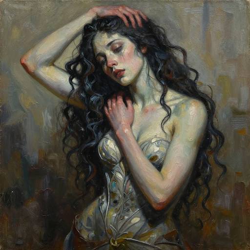 Digital painting of a pale, ethereal woman with long, wavy black hair, wearing a strapless, floral-patterned top, with her arms
