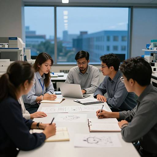 Photograph of five Asian professionals, three men and two women, in a modern office with large windows, discussing papers and a laptop at a white table