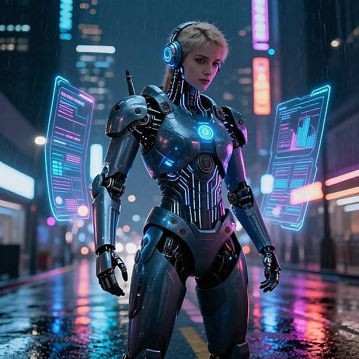 CGI image of a futuristic, blonde-haired woman in a silver, glowing cybernetic suit with neon blue wings, standing in a rainy, neon