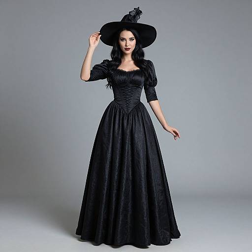 Photograph of a fair-skinned woman in a black Victorian-style gown and wide-brimmed hat, standing against a plain gray background.