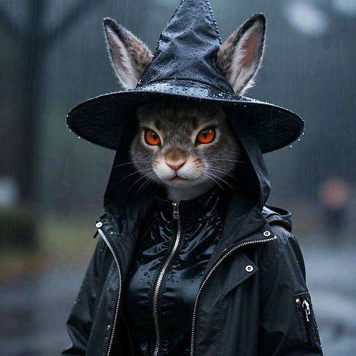 Furry Female Character in Rainy Witch Hat and Latex Jacket
