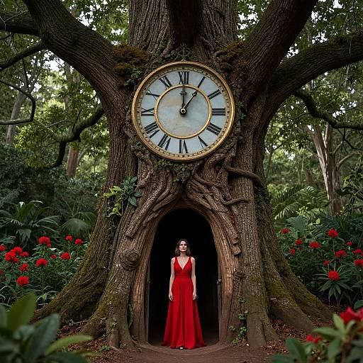 Photograph of a woman in a red dress standing in a dark, treehouse-like doorway of an ancient, clock-faced tree with red flowers surrounding it