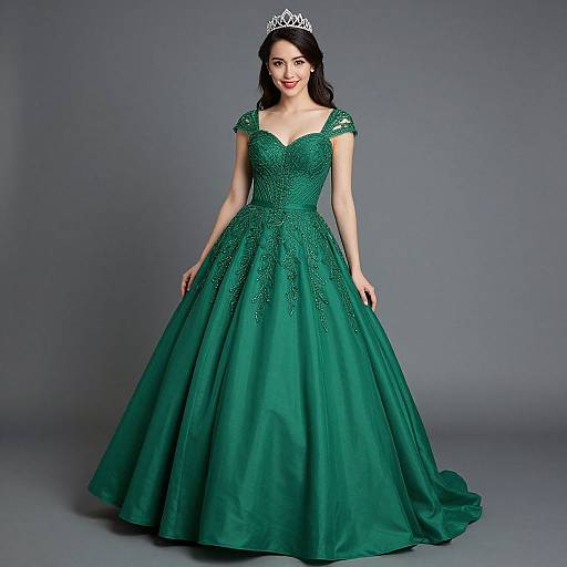 Photograph of a smiling woman with dark hair, wearing a sparkling silver tiara and a green, lace-embellished, ball gown, standing