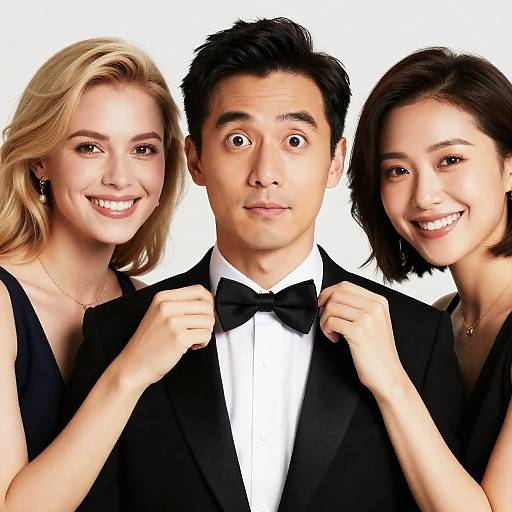 Man in Tuxedo with Two Smiling Women