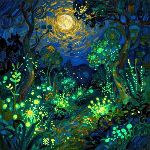 Vibrant, swirling digital painting of a moonlit forest with glowing green and yellow flowers, dark twisted trees, and a radiant yellow moon.
