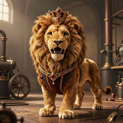 Photorealistic CGI of a regal lion wearing a gold crown and ornate harness, standing in a dimly lit industrial room.