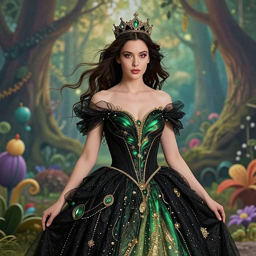 Digital artwork of a fair-skinned, dark-haired woman in an ornate black and green fairy tale gown with a gold-embellished crown,