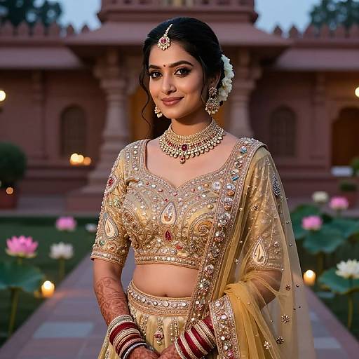 Photograph of a beautiful Indian bride in a gold-embellished traditional outfit, standing in front of a red sandstone temple, with pink lot