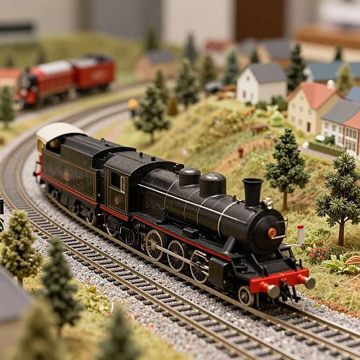 Photorealistic model train photo: Detailed black steam locomotive with red accents, curving through lush landscape with small houses and trees.