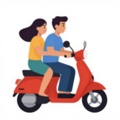 Digital illustration of a couple riding a red scooter; the woman in a yellow top and green skirt, the man in a blue shirt and dark pants.