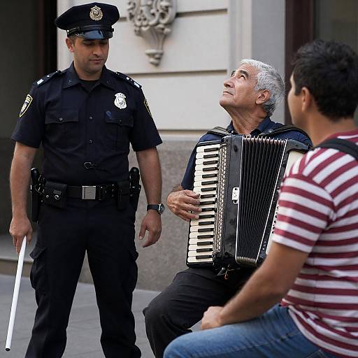 Vibrant Street Scene with Musicians and Officer
