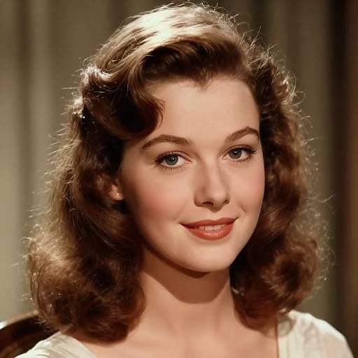 Vintage-style photograph of a smiling young woman with fair skin, blue eyes, and wavy brown hair, wearing a white blouse.