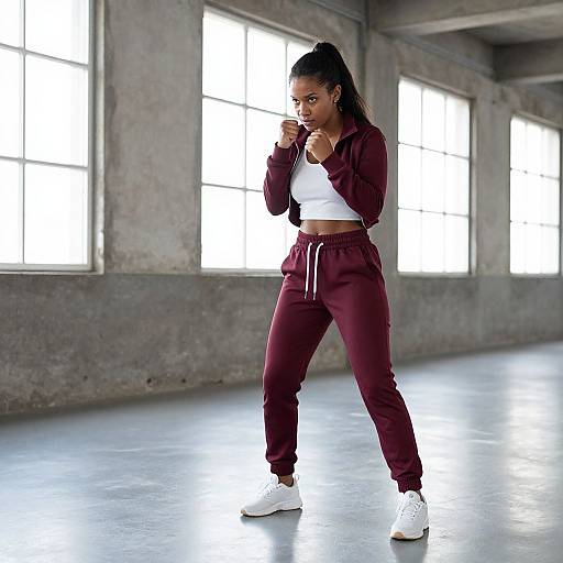 Photograph of a fit Black woman with long ponytail, wearing maroon tracksuit, white crop top, and white sneakers, boxing in a bright