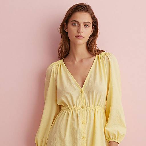 Young Woman in Yellow Dress Against Pink Wall