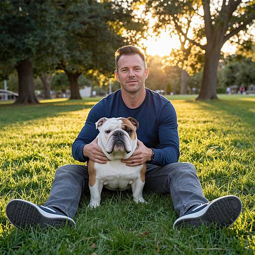 Photograph of a muscular man with short brown hair, wearing a dark blue long-sleeve shirt and jeans, sitting on grass holding a white and