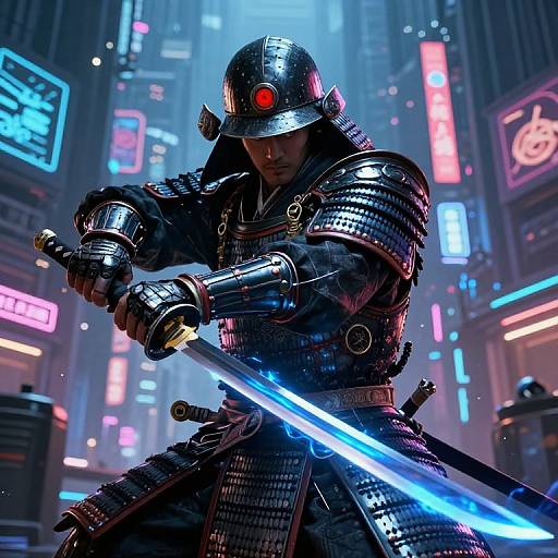 Cyber samurai with glowing red eye, wielding blue glowing sword, in neon-lit futuristic city. Detailed armor, intense action pose. Digital art