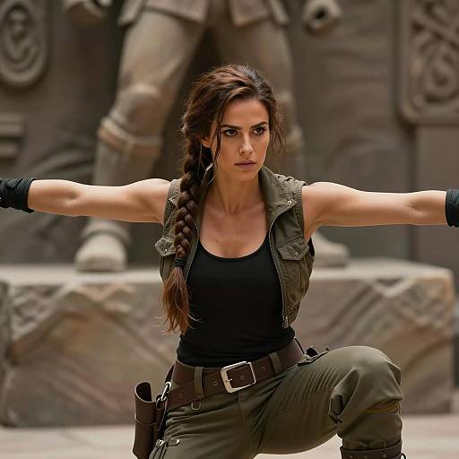 Determined Woman Crouching Against Stone Wall