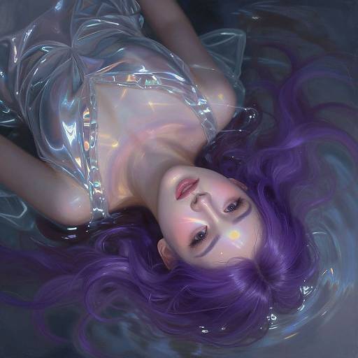 Photograph of a woman with vibrant purple hair, lying underwater, wearing a transparent, reflective plastic dress, with soft, ethereal lighting.