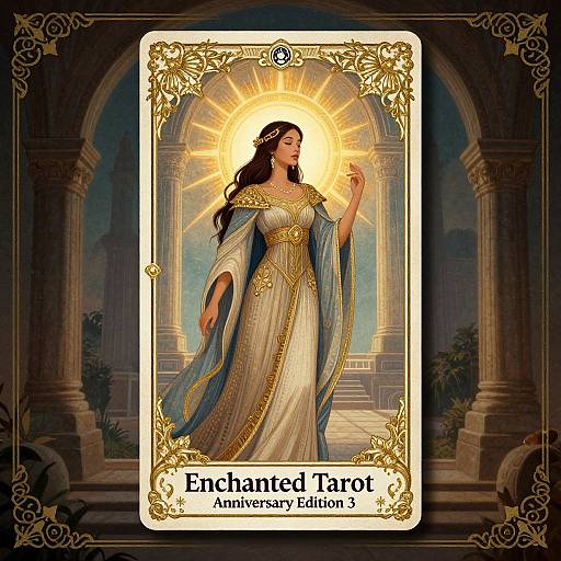 Digital illustration of Enchanted Tarot card featuring a radiant, long-haired woman in a flowing, golden-embroidered white gown, standing in