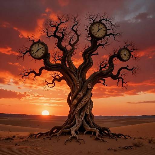 Photograph of a surreal, twisted tree with four clock faces, set against a vivid, orange-red sunset in a desert landscape.