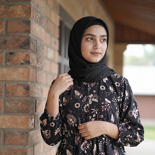 Young Woman in Black Hijab Adjusting Dress