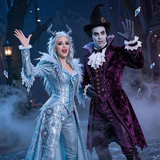 Photograph of a blonde woman with white horns and a silver lace dress, and a pale man in a black witch hat and purple coat, both waving