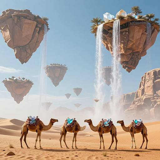Digital art: Four camels with blue saddlebags walk in a desert, below floating, rock formations with waterfalls and palm trees. Bright blue sky