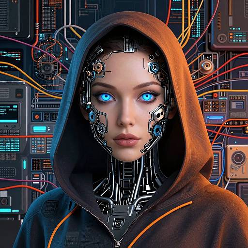 Digital art: Cyberpunk woman with glowing blue eyes, robotic face, hooded jacket, surrounded by colorful wires and circuitry in the background.